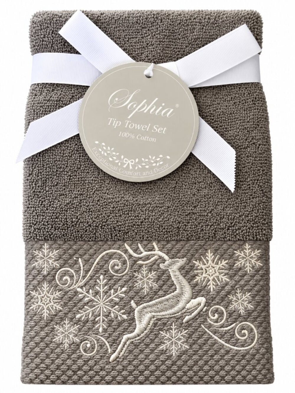 Christmas Reindeer Fingertip Towels Set of 2 Embellished Embroidered Gray White